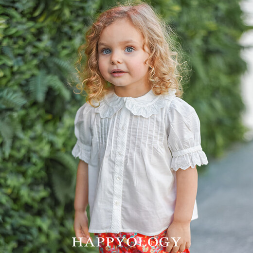 Happyology British girls' shirt spring new puff sleeve pure cotton bottoming children's shirt white top