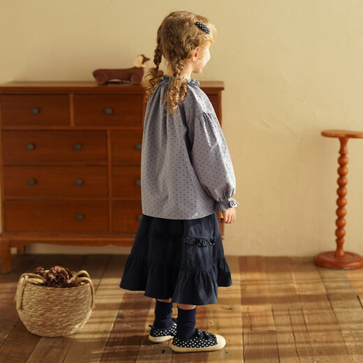 Yantaijia girls pure cotton polka dot lace shirt spring new little girl doll shirt foreign style puff sleeve top haze blue 130