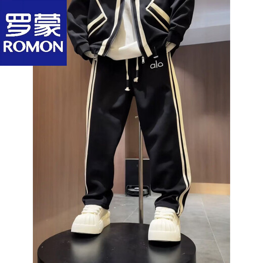 ROMON autumn men's trendy brand light luxury style striped air layer casual sports suit sweatshirt jacket casual pants two-piece set black (jacket + casual pants) suit M -130Jin Jin equals 0.5 kg