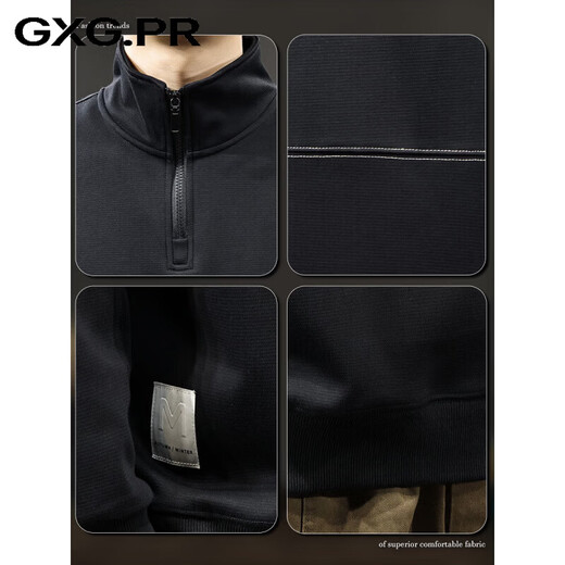 GXG.PR2026 Autumn American half-zip stand-up collar sweatshirt men's design stitching retro heavyweight loose long-sleeved POLO shirt black M suitable weight 100-120Jin Jin equals 0.5 kg