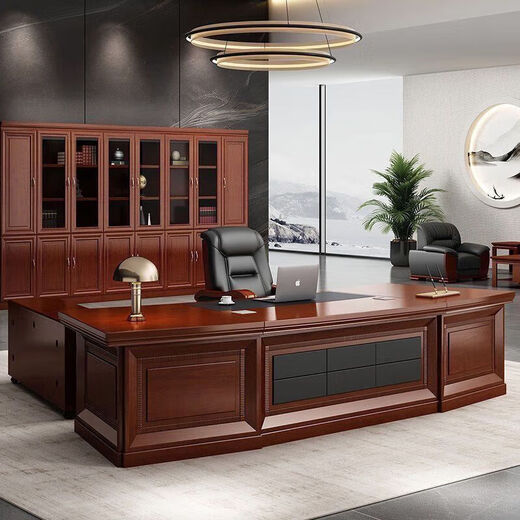 Boss desk President desk solid wood leather executive desk manager desk modern office desk and chair combination single office furniture 1.6 meters + small cabinet + deputy cabinet