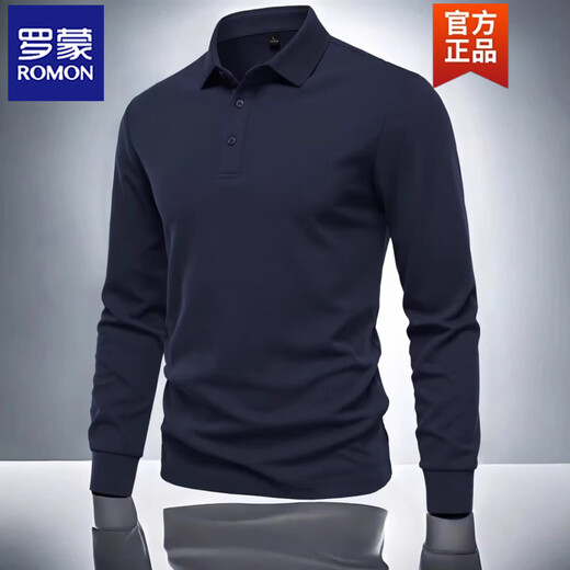 ROMON spring and autumn long-sleeved T-shirt men's polo shirt business casual large size solid color casual top men's base layer navy blue 1 piece XL recommended 135-155 Jin Jin equals 0.5 kg