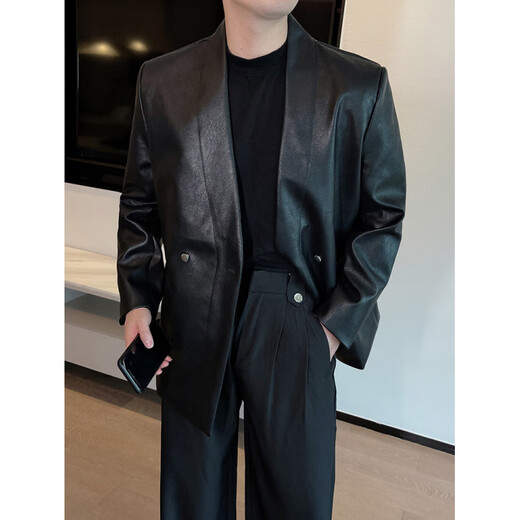 VCICTIOLIA leather jacket men's spring and autumn handsome style collarless suit 2026 new style leather suit men's top black M recommended 115Jin Jin equal to within 0.5 kg