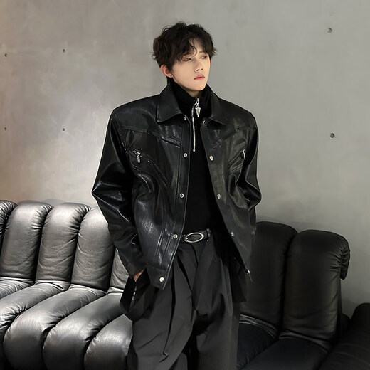 Autumn and winter niche deconstructed handsome motorcycle top jacket men's retro trendy brand PU leather short jacket black M
