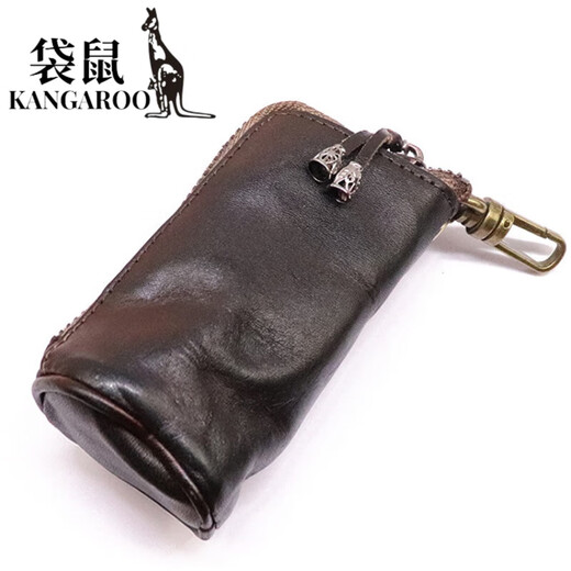 袋鼠（KANGAROO）新款头层牛皮植鞣皮复古做旧钥匙包男士大容量腰挂做旧牛皮钥匙包 咖色