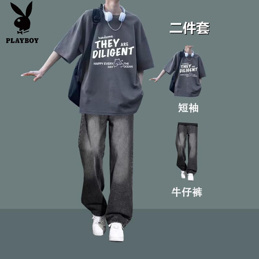 Playboy (PLAYBOY) summer boys' Hong Kong style loose short-sleeved T-shirts for teenagers with trendy jeans men's handsome casual suits 2 pieces T145 pure cotton T-shirt black + 7013 denim M