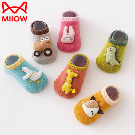 MiiOW baby floor socks, warm and glue-resistant, autumn and winter baby toddler socks, cute dolls, breathable children's cartoon socks, 003 rabbit+fawn+duck, 3 pairs, 0-1 years old, S size, foot length 9-11CM