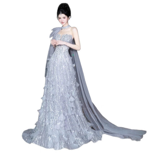 Mofu Banquet Evening Dress 2026 Light Luxury Heavy Industry Silver Sequin Host Performance Costume Birthday Adult Ceremony Dress Long XS