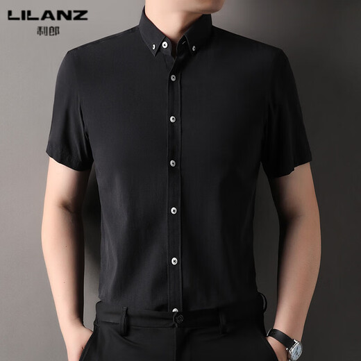 LILANZ summer new men's short-sleeved shirt plaid lapel casual middle-aged dad wear Lyocell cotton half-sleeved shirt gray M 48