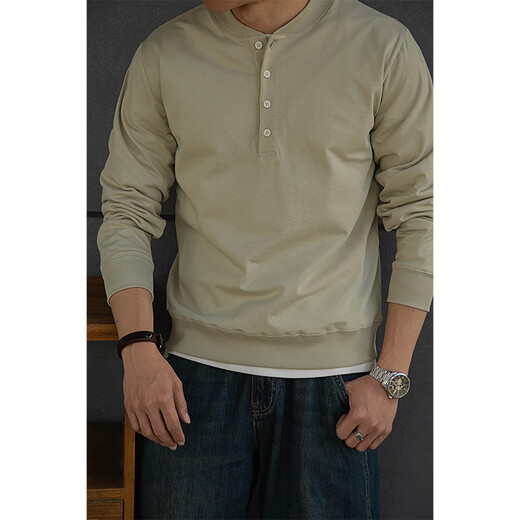 American retro heavyweight cotton baseball collar henley shirt T-shirt Ami Khaki tough guy style bottoming shirt men's spring white S