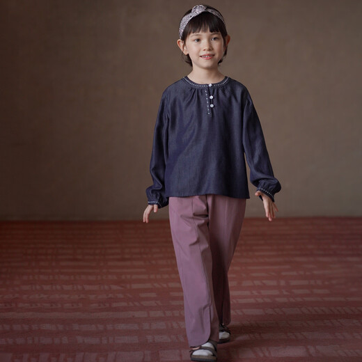 Haqi Children's Clothing 2026 Spring and Autumn Children's Shirt Contrast Color Embroidered Anti-Fading Denim Top Girls' Shirt Cool Lyocell Denim Blue 120