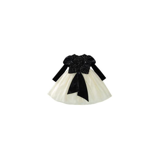 G.duck little yellow duck girls spring and autumn long-sleeved dress 2026 new bow Western-style mesh skirt children's host dress black 100 cm