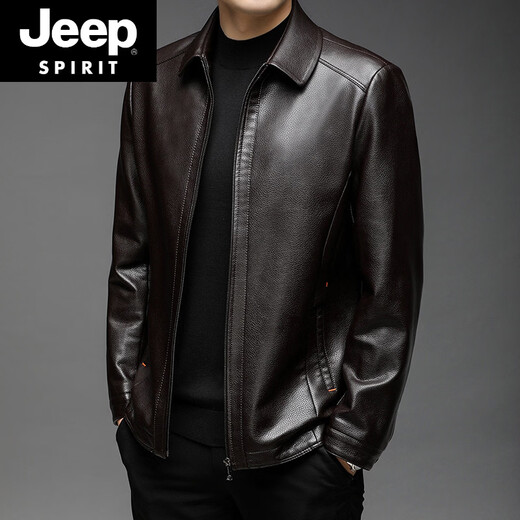 JEEP SPIRIT men's leather jacket men's 2026 autumn new style middle-aged fashion business lapel plus velvet casual men's leather jacket 2101 plus velvet-black L 175
