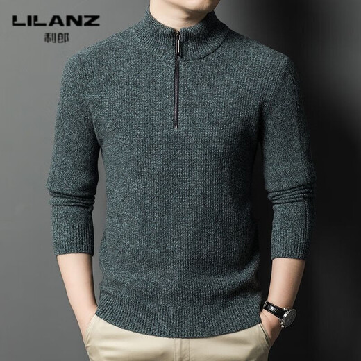 LILANZ autumn and winter high-end men's worsted 450g 100% wool sweater half-high zipper round neck bottoming sweater wool sweater black and white gray 14XL (180)