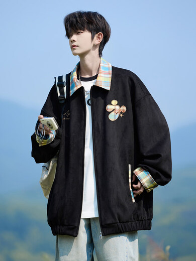 Shelley Jones American dopamine plaid spliced lapel jacket men's spring and autumn new trendy brand loose casual boys' jacket apricot M recommended 80-100Jin Jin equals 0.5 kg