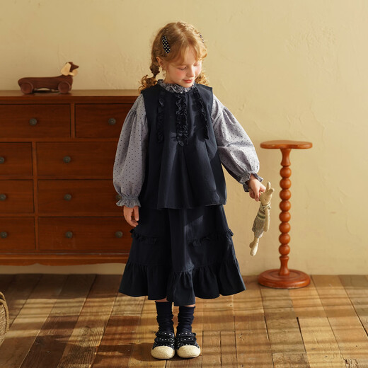 Yantaijia girls pure cotton polka dot lace shirt spring new little girl doll shirt foreign style puff sleeve top haze blue 130