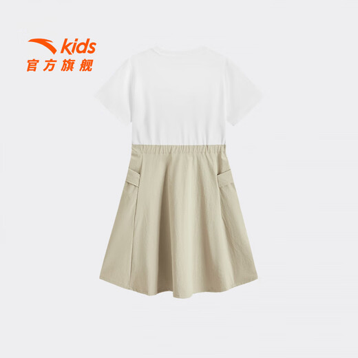 ANTA children's dress for girls and older children, 26 years of summer trend, comfortable, breathable, contrasting color, casual shopping mall same style, pure white/oatmeal khaki-1 130