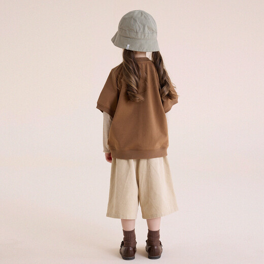 Yoona's Mom Girls 2026 Spring New Korean Style Simple Patch Short Sleeve Children's Layer Top Baby T-Shirt Trendy Coffee Color Ready Stock 150