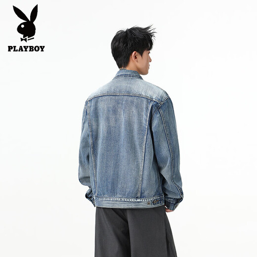 Playboy (PLAYBOY) Heavy Washed Double Cut Line Denim Jacket Men's Short Three-dimensional Profile Shoulder Pad Workwear Lapel Jacket Top Blue S
