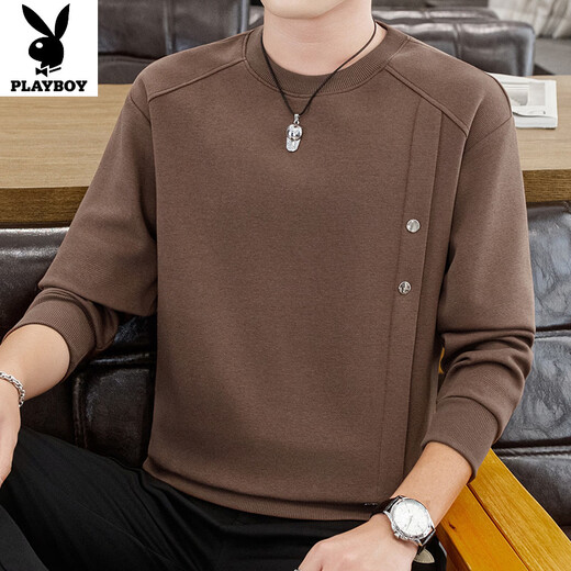 PLAYBOY Men's New 2026 Spring and Autumn Sweater Round Neck Thickened Casual Trendy Warm Bottoming Shirt Long Sleeve T-Shirt Top Black 2XL