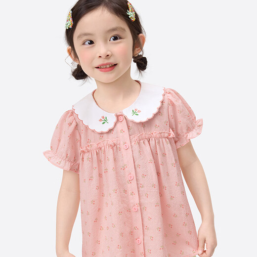 Xiaoyinman baby girl short-sleeved shirt thin section 26 summer girls cute doll collar floral puff sleeve plaid shirt pink 140