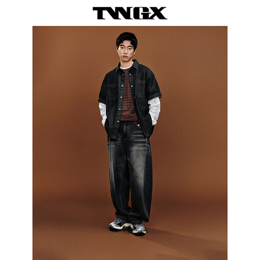 Teenie Weenie Bear Men's Urban Casual Relaxed Workwear Style Short-Sleeved Denim Shirt 2026 Summer Black XL