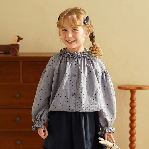 Yantaijia girls pure cotton polka dot lace shirt spring new little girl doll shirt foreign style puff sleeve top haze blue 130