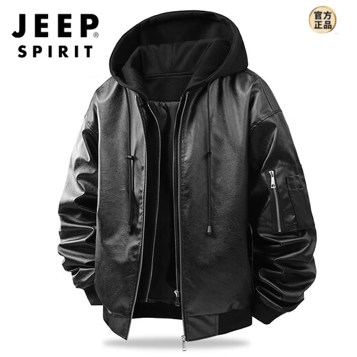 JEEP SPIRIT American retro fake two-piece PU leather men's spring and autumn new loose daily commuter coat bomber jacket top black M