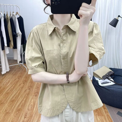 Lingyue Lantern Sleeve Pure Cotton Short-Sleeved Shirt Women's Summer 2026 New Lapel Design Irregular Age-Reducing Top Women's Khaki XL Recommended 115-130 Jin Jin equals 0.5 kg