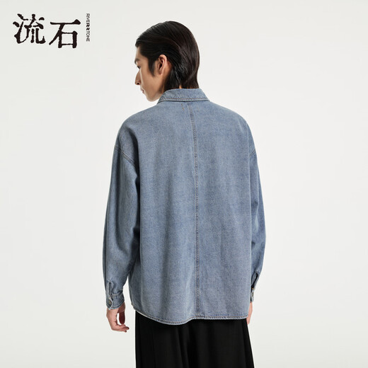 RIVERSTONE Men's Wide Patch Pocket Distressed Denim Shirt 2026 Spring New Men's Simple Lapel Jacket Fashion Denim Blue S/165