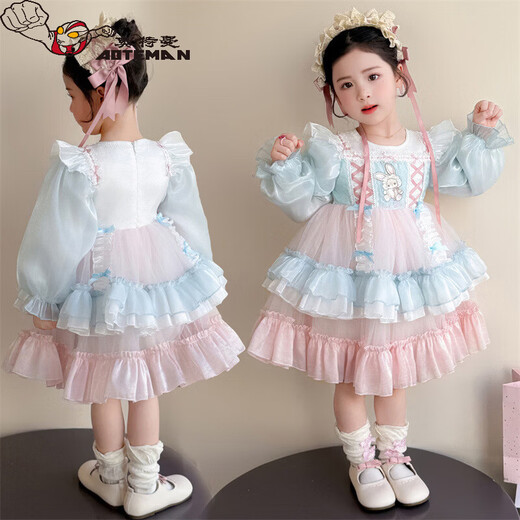 Ultraman Girls Lolita Princess Dress Little Girl Spring Clothes New Children's Long-Sleeved Puff Skirt Baby Girl Spring and Autumn Dress Powder Blue 100 cm
