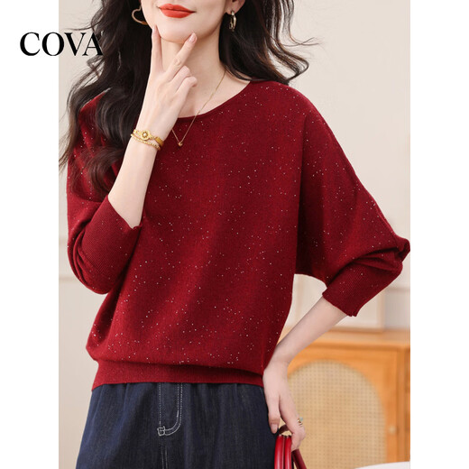 COVA International First-line Brand Unique and Beautiful Early Autumn Top Lazy Style Round Neck Bat Sleeve Sweater Women's Loose and Slim Dark Red L