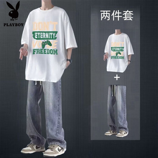Playboy (PLAYBOY) summer pure cotton short-sleeved T-shirt suit for men with American high street denim trousers men's two-piece set two-piece set DON short-sleeved coffee + jeans black M high-quality original