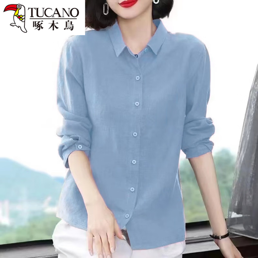 Woodpecker Cotton Shirt Women's Solid Color 2026 New Spring and Autumn Women's Loose Flesh Covering Shirt Shirt Women's Top Long Sleeve Leather Pink The size is too small. It is recommended to take a larger size S. It is recommended that 85-95Jin Jin equals 0.5 kg