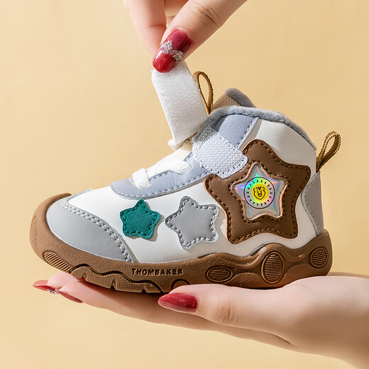Tombeck baby toddler shoes for boys and girls plus velvet high-top cotton shoes 2025 autumn and winter snow boots Khaki five-pointed star 17