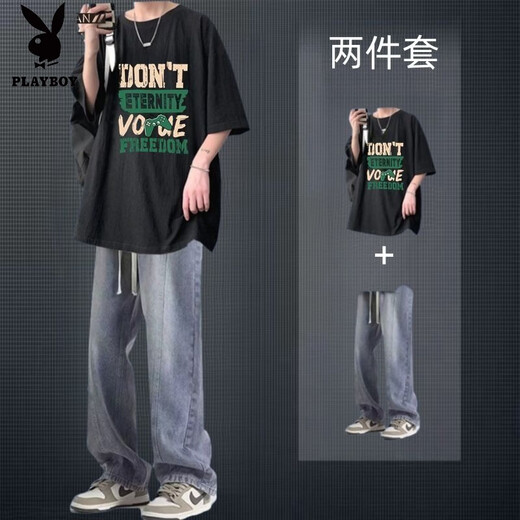 Playboy (PLAYBOY) summer pure cotton short-sleeved T-shirt suit for men with American high street denim trousers men's two-piece set two-piece set DON short-sleeved coffee + jeans black M high-quality original