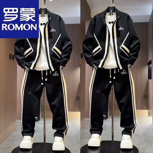 ROMON autumn men's trendy brand light luxury style striped air layer casual sports suit sweatshirt jacket casual pants two-piece set black (jacket + casual pants) suit M -130Jin Jin equals 0.5 kg