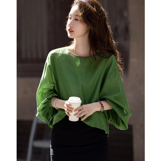 Demana Shuoxypa summer acetate linen lyocell blended shirt lantern sleeve straight loose shirt women's top