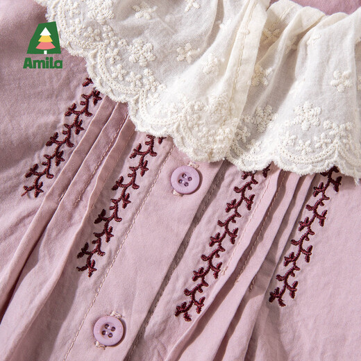 AMILA Spring New 2026 Girls Sweet Lotus Leaf Collar Shirt Children's Cotton Shirt Spring and Autumn Pastoral Style Beige 100