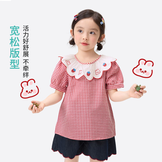 Xiaoyinman children's clothing girls cartoon wave collar shirt breathable 26 years old children's loose casual short-sleeved top