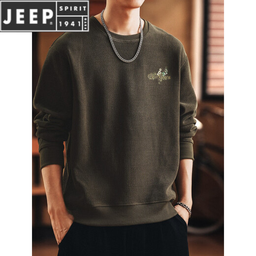 JEEP SPIRIT American retro heavyweight embroidered men's sweatshirt 2026 spring and autumn new loose warm base T-shirt top Khaki green M suitable for 110-130Jin Jin equals 0.5 kg