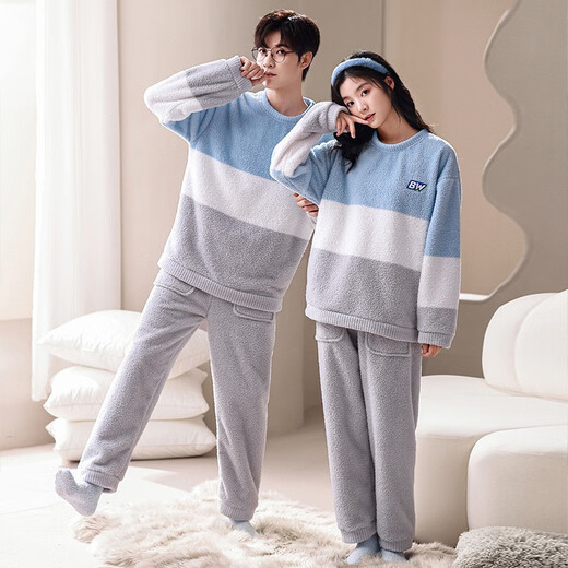 clolv kiss珊瑚绒情侣家居服秋冬款圆领加绒加厚睡衣女冬季法兰绒可外穿套装 6630 男L
