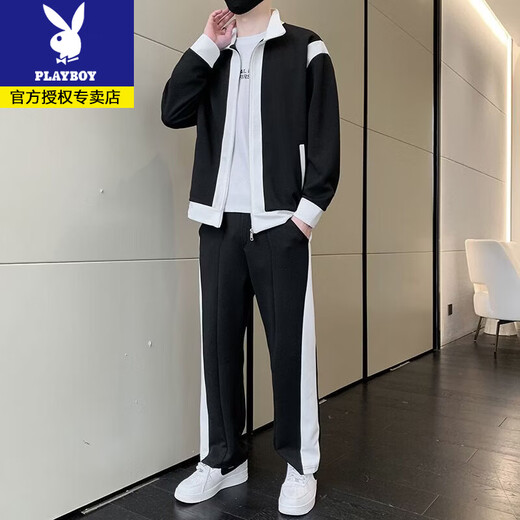 Playboy spring and autumn new color matching sports suit men's trendy fashion casual jacket sweatshirt sweatpants handsome men's clothing set gray (recommended by the store manager) L recommended 115-130Jin Jin equals 0.5 kg
