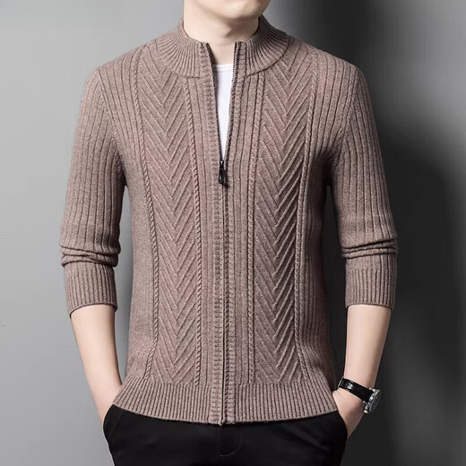 K-Boxing men's autumn and winter wool sweater knitted cardigan sweater stand collar zipper jacquard middle-aged dad casual jacket camel M 165