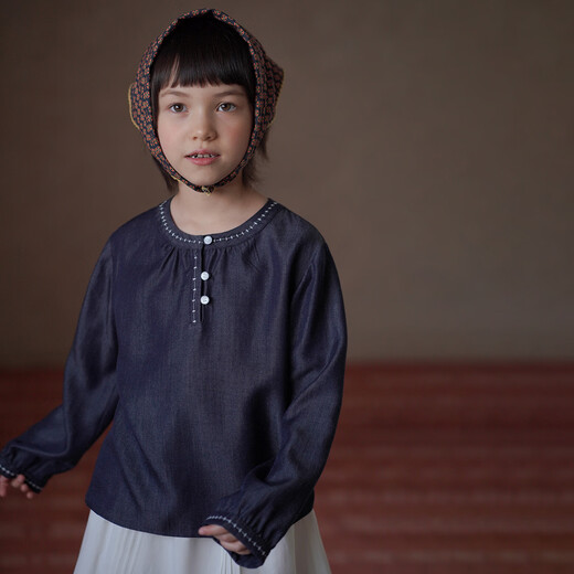 Haqi Children's Clothing 2026 Spring and Autumn Children's Shirt Contrast Color Embroidered Anti-Fading Denim Top Girls' Shirt Cool Lyocell Denim Blue 120