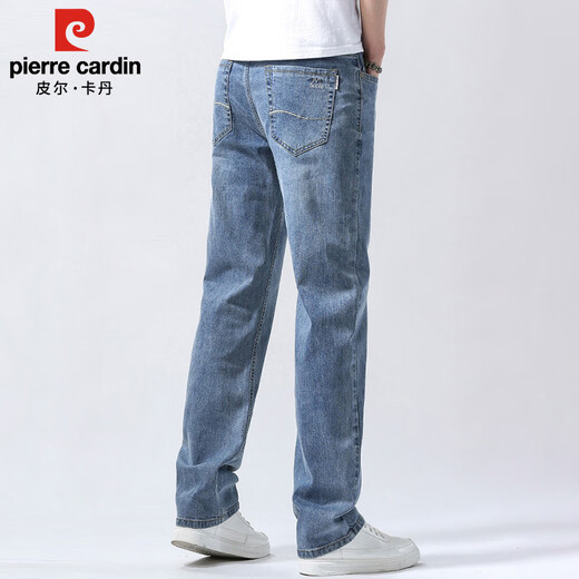 Pierre Cardin jeans men's spring and summer loose distressed straight pants men's cotton stretch casual long pants men's white blue 32