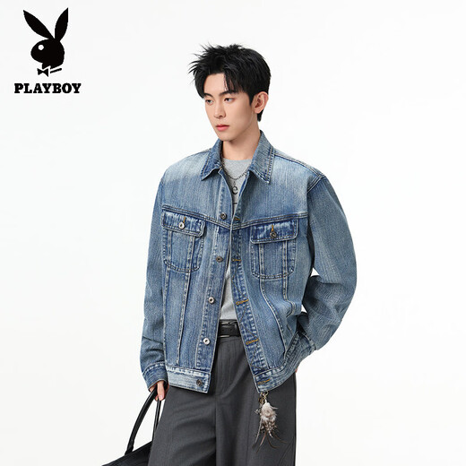 Playboy (PLAYBOY) Heavy Washed Double Cut Line Denim Jacket Men's Short Three-dimensional Profile Shoulder Pad Workwear Lapel Jacket Top Blue S