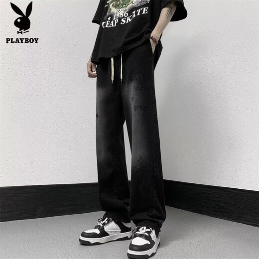 Playboy (PLAYBOY) short-sleeved T-shirt summer suit trendy casual youth men's clothing complete set with jeans trendy two-piece suit Cross short-sleeved black + cross black jeans M number recommended 95-109 Jin Jin equals 0.5 kg