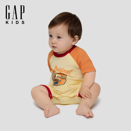 Gap Gap Infant and Toddler 2026 Spring New Logo Print Contrast Color Short-Sleeved Jumpsuit Children's Romper 867610 Goose Yellow 66cm (3-6 Months) Asian Size