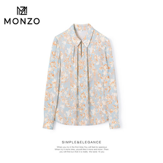 MONZO international first-line brand 26 Spring Fireworks 22 Momi silk double floral casual versatile long-sleeved shirt for women smoke blue red S